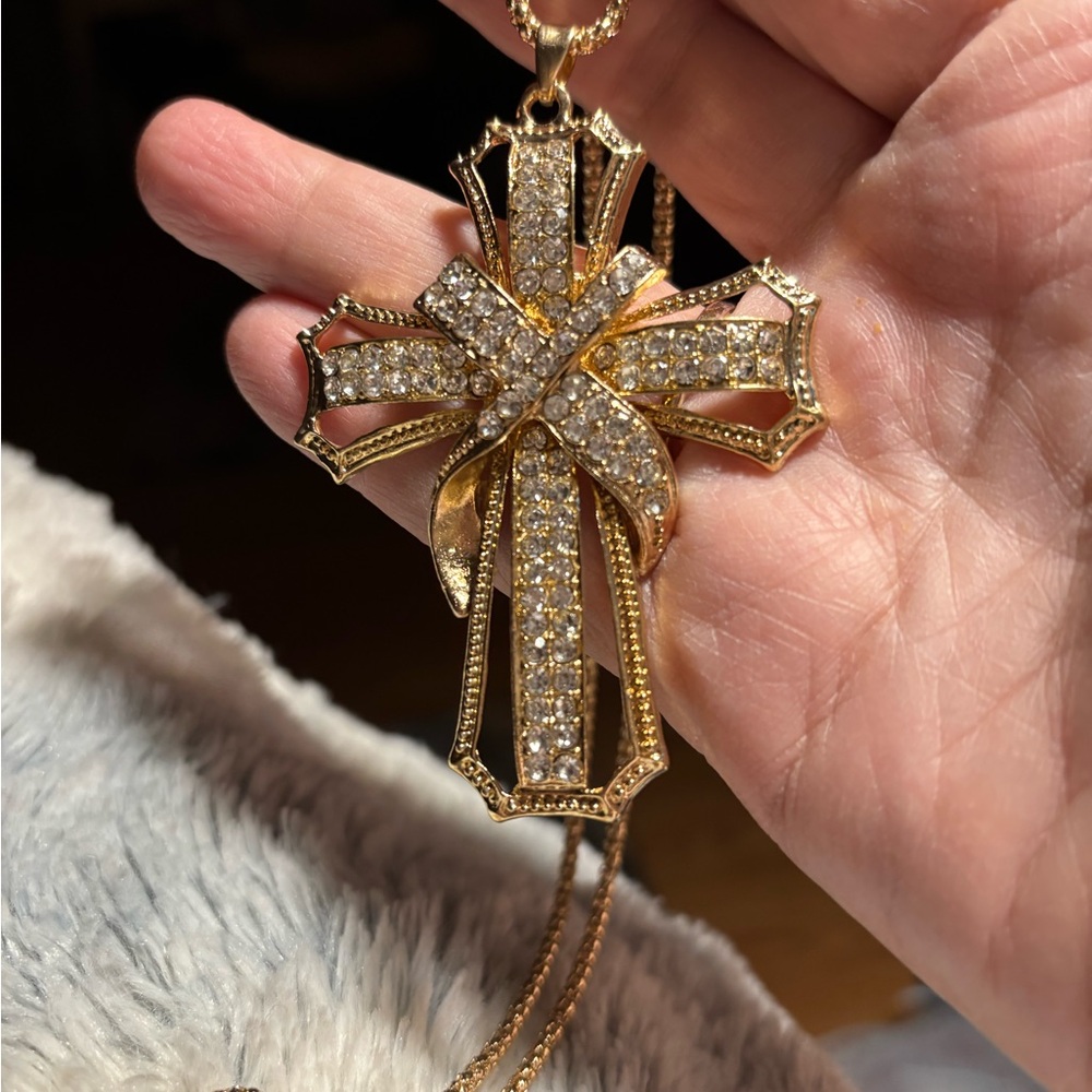Betsey Johnson “Cross Necklace”, Gold-tone metal with Clear Rhinestones, NWT